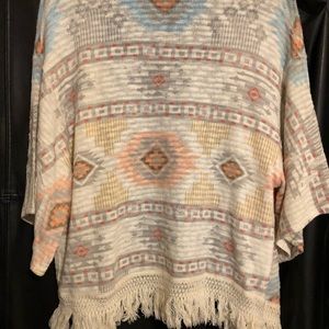 Mauve Aztec knit kimono coverup with fringe